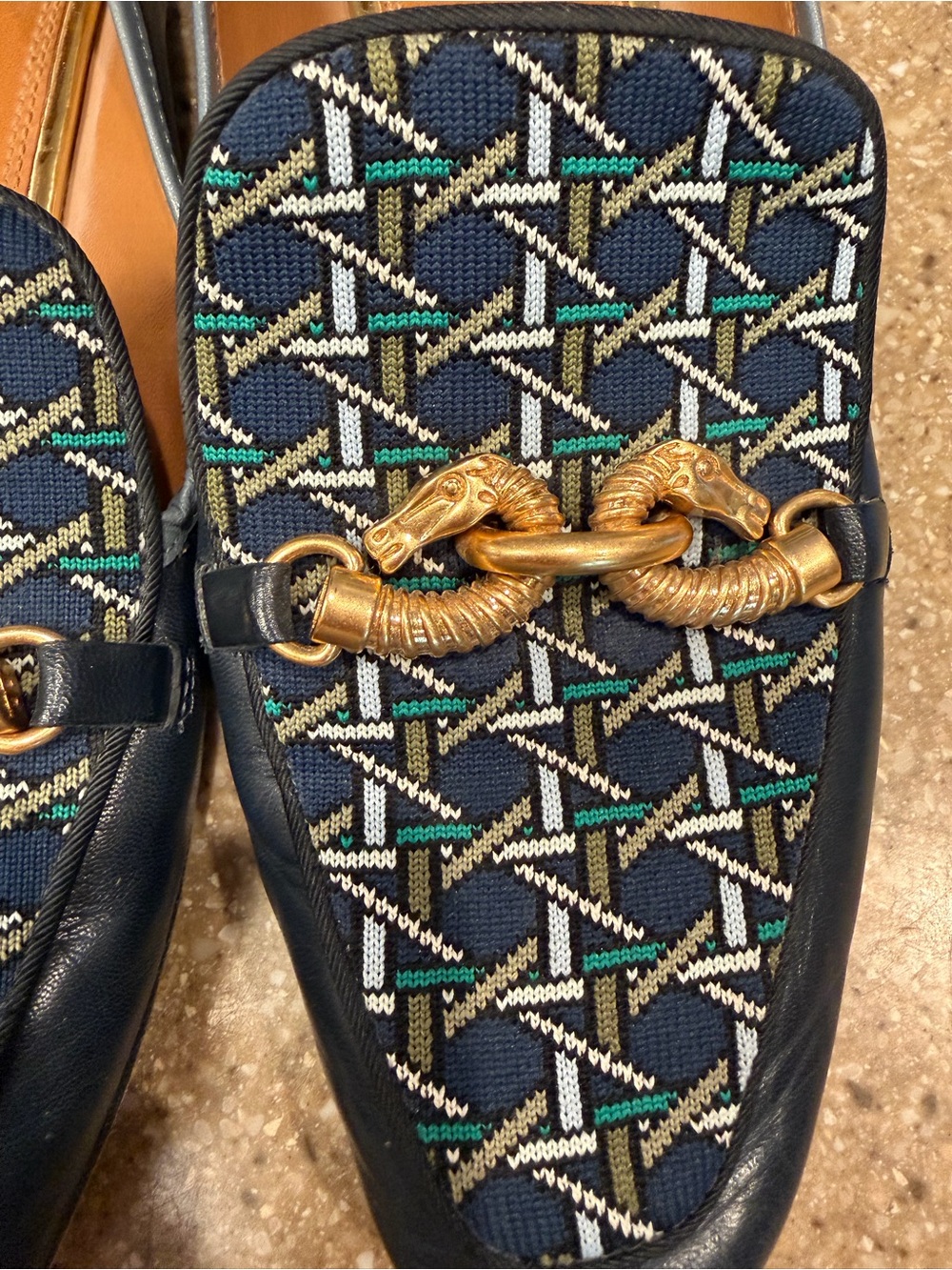 Tory Burch Navy Patterned Leather Slip-On Loafers with Gold Horsebit - Picture 7 of 10